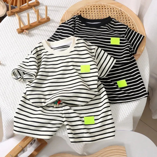 2Pcs Fashion Children Short Sleeve Shorts Sets Summer Kids Clothes Boys Baby Cotton Tee Pant Outfits Black and White Stripe - TiniLoom