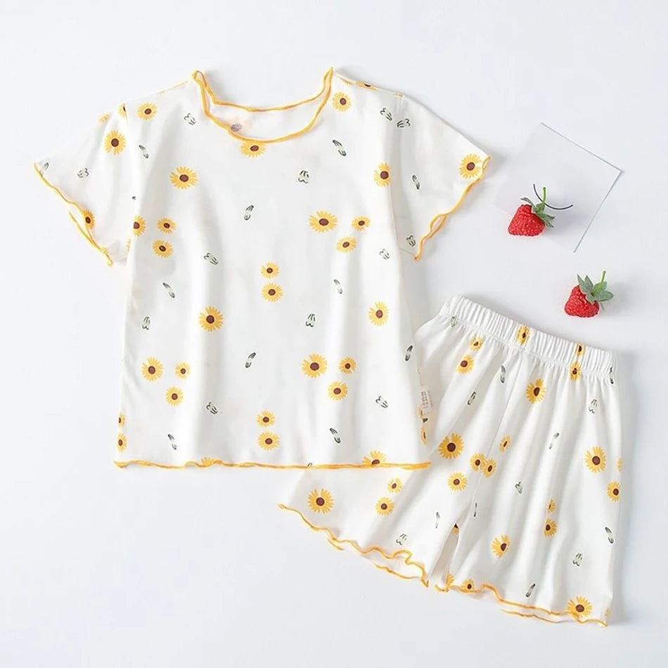 Girls Summer Pajama Sets Stylish Cartoon Pattern Printing Short Sleeve Top and Pants Made from Luxurious Cozy Ice Silk Material - TiniLoom