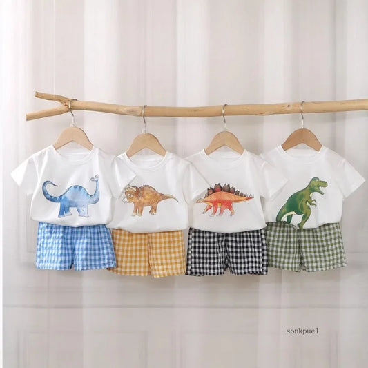 2Pcs Baby Clothes Set Newborn Boys Casual Dinosaur Print Short Sleeved T-shirt+plaid Shorts Toddler Girl Summer Kids Outfit Set - TiniLoom
