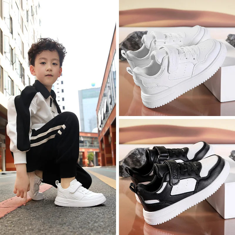 Children Sneaker Boys Casual Shoes Black Leather Flat Student Walking Shoes Non-slip Girl Lightweight Sports Tennis Footwear - TiniLoom