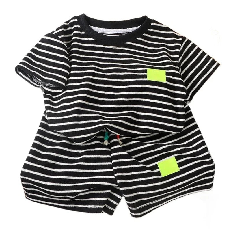2Pcs Fashion Children Short Sleeve Shorts Sets Summer Kids Clothes Boys Baby Cotton Tee Pant Outfits Black and White Stripe - TiniLoom