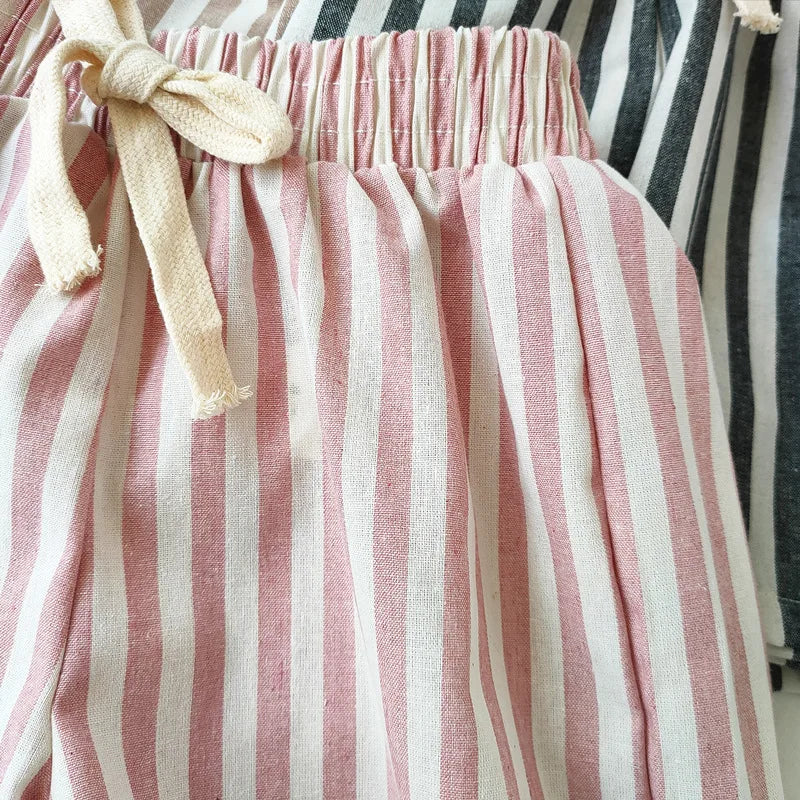 Vintage Linen Cotton Stripe Shorts for Boys Summer Toddler Kids Girls Half Pants Casual Children's Clothing - TiniLoom