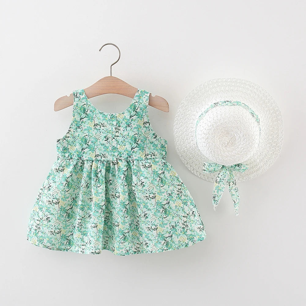 Summer 2-Piece Baby Dress+Sun Hat Bow Strap Floral Baby Girl Dress Soft And Comfortable Children'S Clothing - TiniLoom