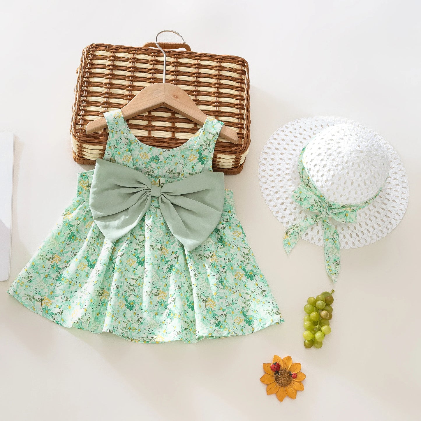 Summer 2-Piece Baby Dress+Sun Hat Bow Strap Floral Baby Girl Dress Soft And Comfortable Children'S Clothing - TiniLoom