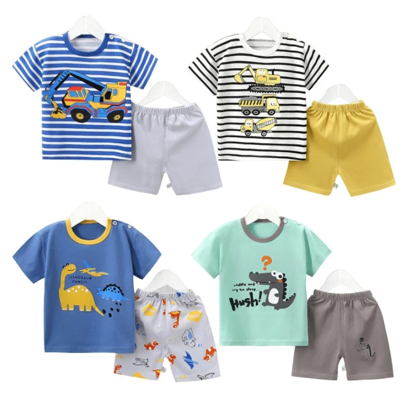 1-6 Y Kids Cartoon Excavator Striped T-Shirt+Shorts 2-Piece Set Cotton Pajama Baby Boys Girls Summer Casual Tracksuit Clothes Su - TiniLoom