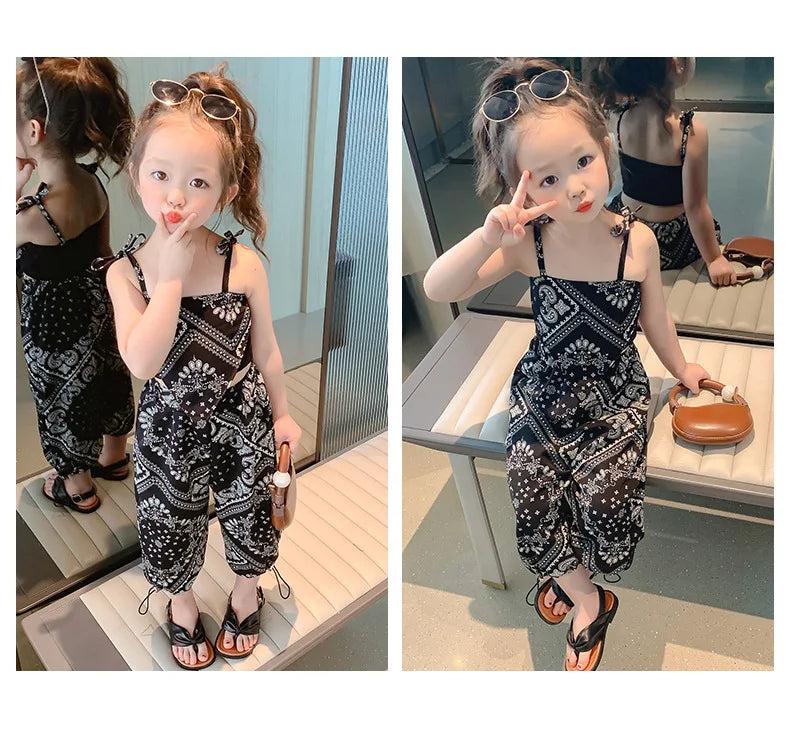3-6Years Summer Suit Thin Girls Suit Suspender Mosquito-proof Pants Two Pieces of Cute Girl Children's Clothes - TiniLoom