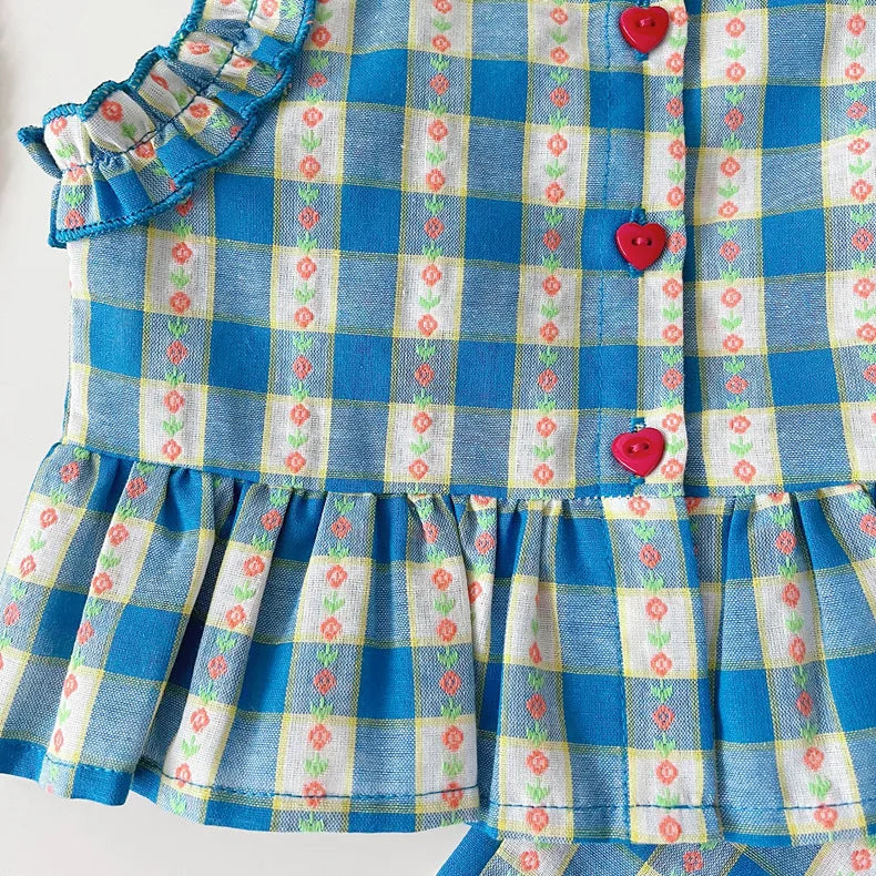 Children's Clothing Sets Blue Plaid Floral Print Sleeveless Top + Wide Leg Pants + Shorts 3 Pcs Sets Kids Clothes for Girls - TiniLoom