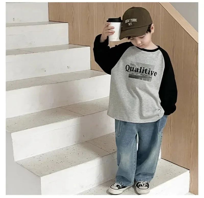 2025 Spring and Autumn New Kids pants Fashion solid color Children's straight jeans Boys loose casual denim Trousers - TiniLoom