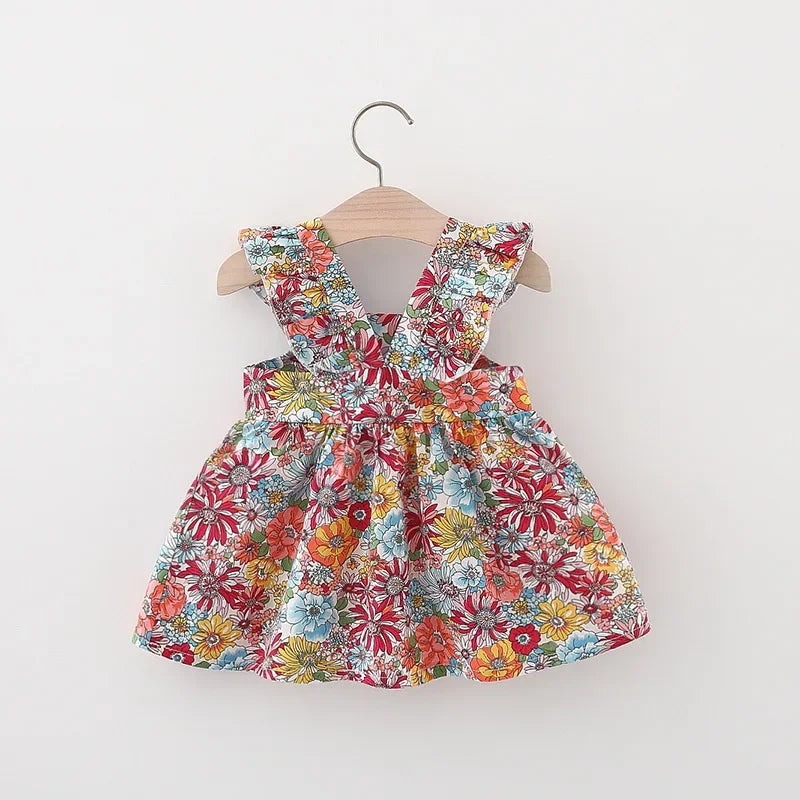 (Girls 0-3 years old)New Summer Girls Dress Halter Small Flying Sleeve Ruffled Flowers Full Print + Crossbody Bag A-line Dress - TiniLoom