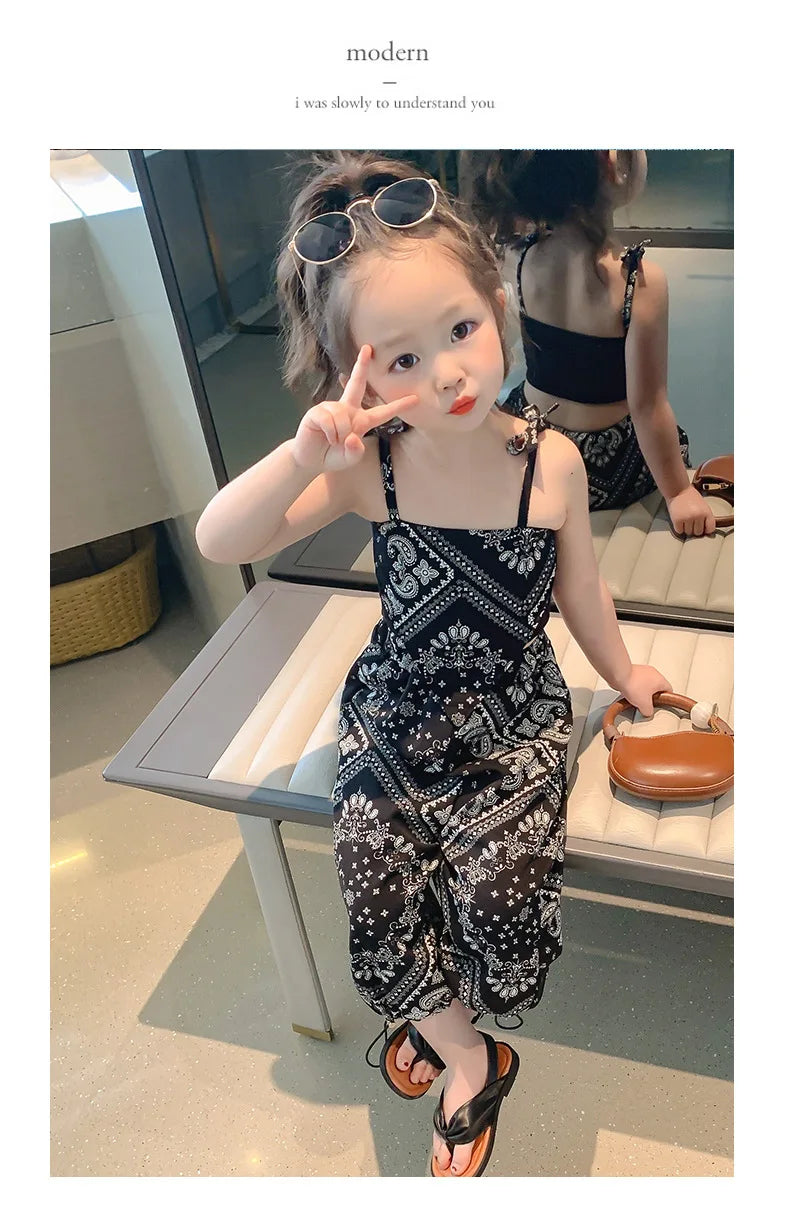 3-6Years Summer Suit Thin Girls Suit Suspender Mosquito-proof Pants Two Pieces of Cute Girl Children's Clothes - TiniLoom