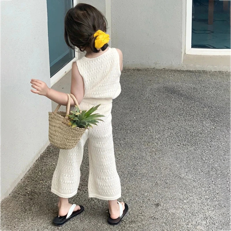 Girl's Clothing Sets 2023 Summer Korean Thin Knitted Girl Set Children Hollow Breathable Vest + Wide Leg Pants Two-piece Suit - TiniLoom