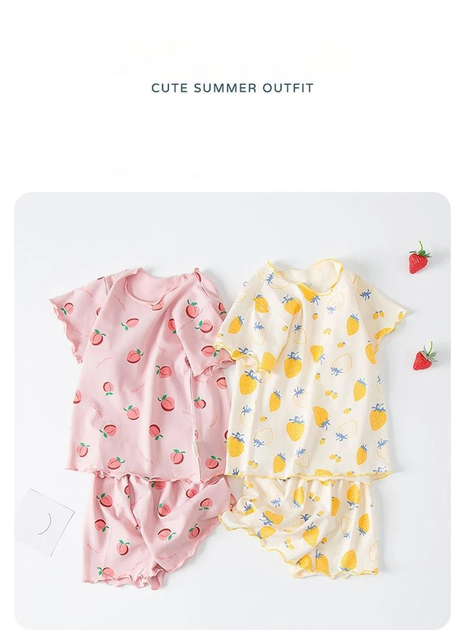 Girls Summer Pajama Sets Stylish Cartoon Pattern Printing Short Sleeve Top and Pants Made from Luxurious Cozy Ice Silk Material - TiniLoom