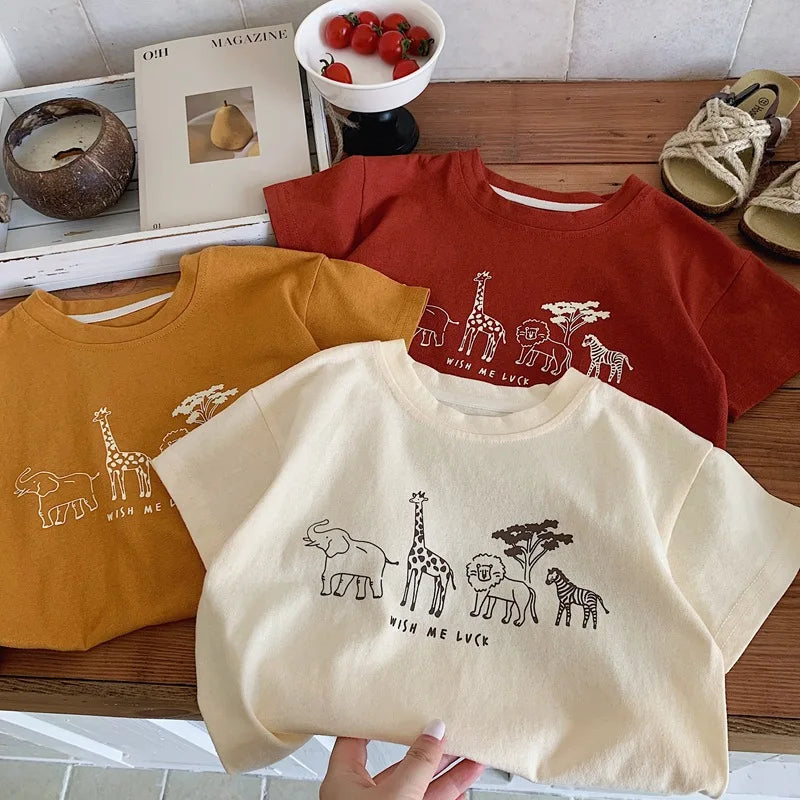Summer Boys Solid Color Base Shirt Pure Cotton Clothing Thin Round Neck Short Sleeve Tops Child New Print T-shirt Outer Wear - TiniLoom