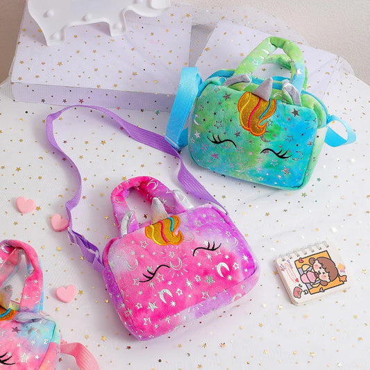 Plush Unicorn Crossbody Bag for Girls Kids Shoulder Purse Cute Student Gift Pencil Case Coin Wallet Travel Accessory - TiniLoom
