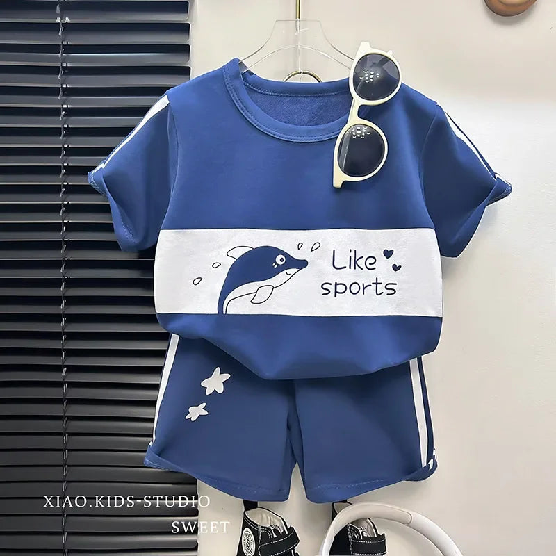 Children's Top and Bottom Clothes Set Short-sleeved Suit Striped Girls Boys T-shirt Summer Children's Clothing Loungewear Outfit - TiniLoom