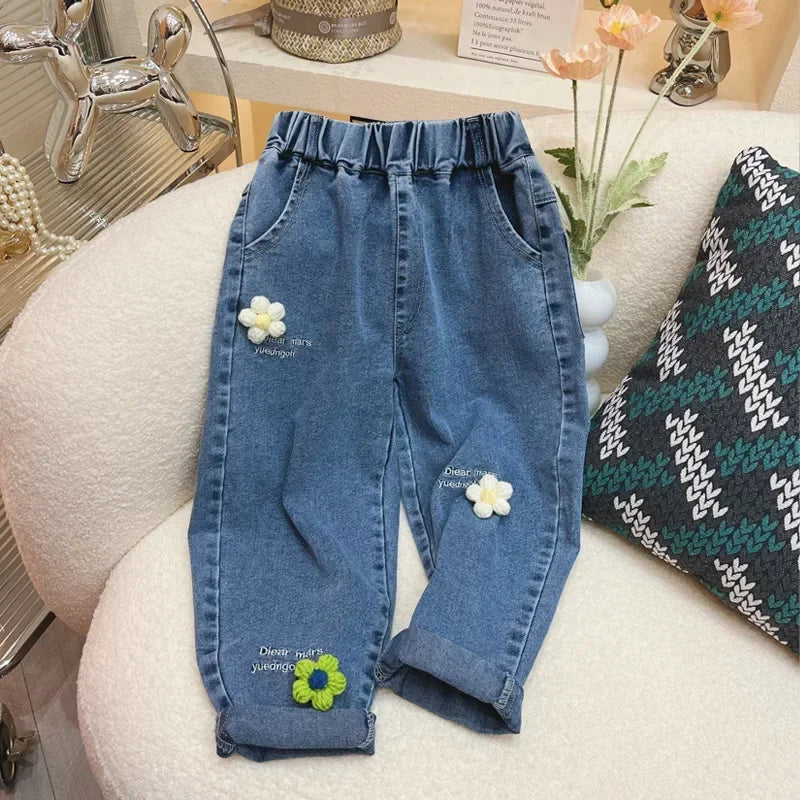 Ambroidered Flower Girl Jeans Baby Boy Kids Jeans Girl Pants Daduhey Wide Leg Pants Harem Trousers Clothes Bottoms - TiniLoom