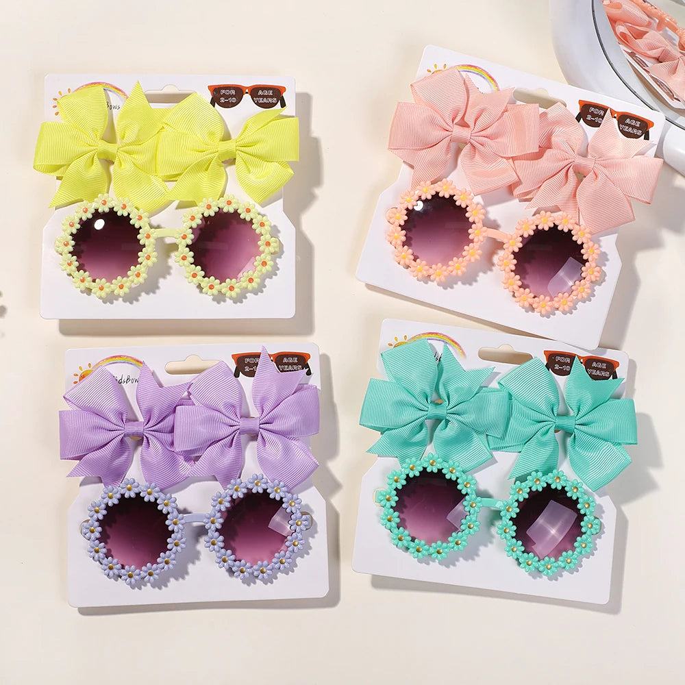 3Pcs/set Cheer Bow Hairclips Retro Flower Sunglasses for Kids Printing Handmade Hairgripes Girls Headwear Glasses Accessories - TiniLoom