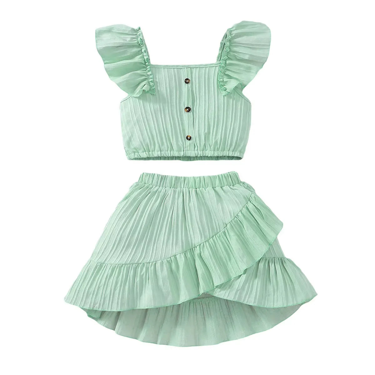 Kid Girls Summer Princess Clothing Set Flutter Sleeve Plain Color Tops+Short Skirt Sweet Style Party Wear For Child 8-12 Years - TiniLoom