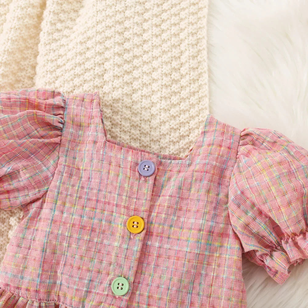 (0-3 Years Old) Summer Baby Girl Cotton Colored Plaid Bubble Sleeve Top and Shorts Set Cute Princess Style Girl Two-piece Set - TiniLoom