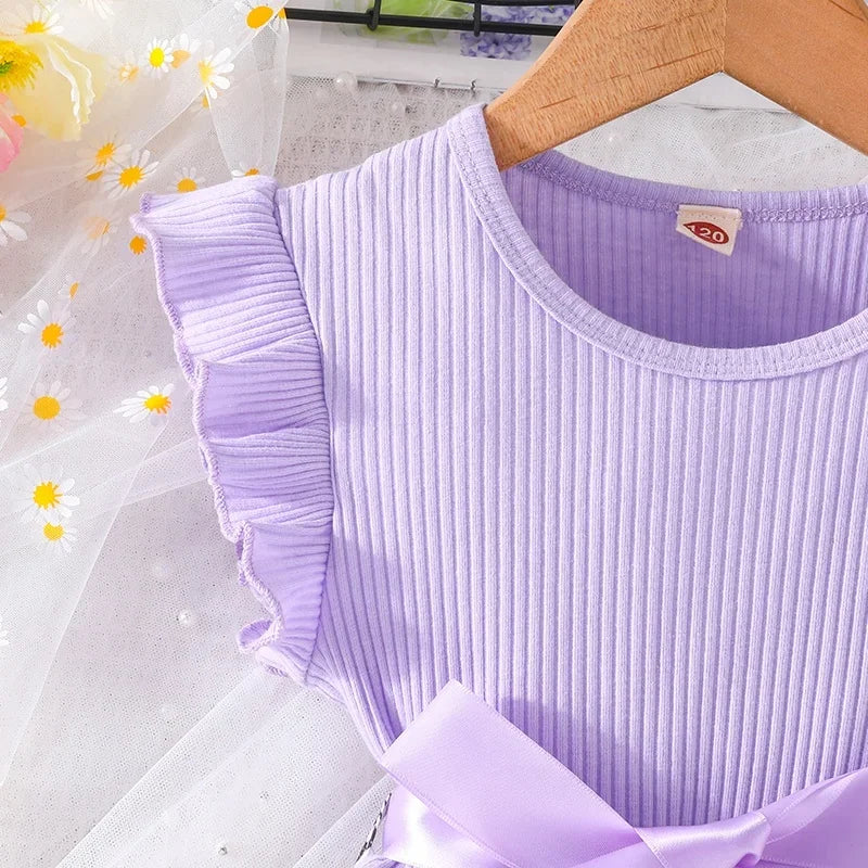 Set For Kids  Girl 3-7 Years old Ruffled Sleeve Butterfly Floral Tulle Cute Princess Formal Dresses with Belt Ootd For Baby Girl - TiniLoom
