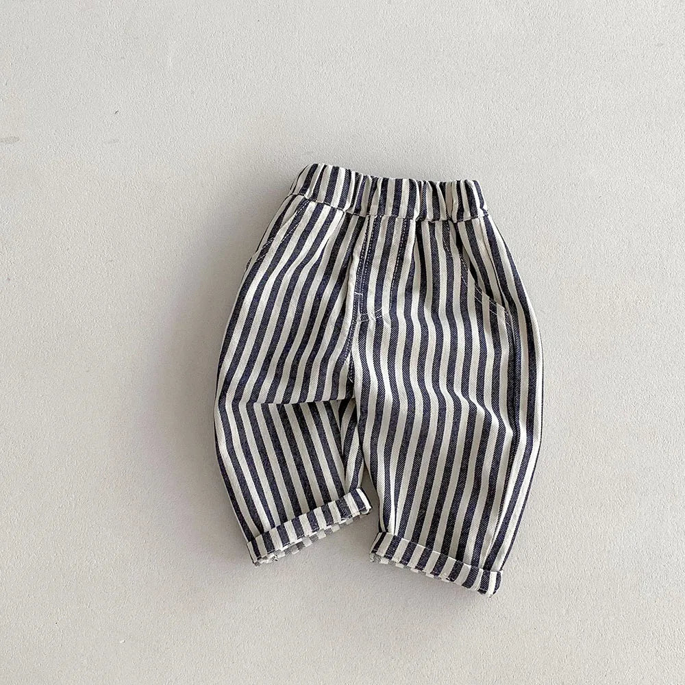 New Autumn Kids Tapped Casual Striped Pants 0-5T Girls Boys Fashion Stripe Trousers Children Solid Denim Jeans Britches - TiniLoom