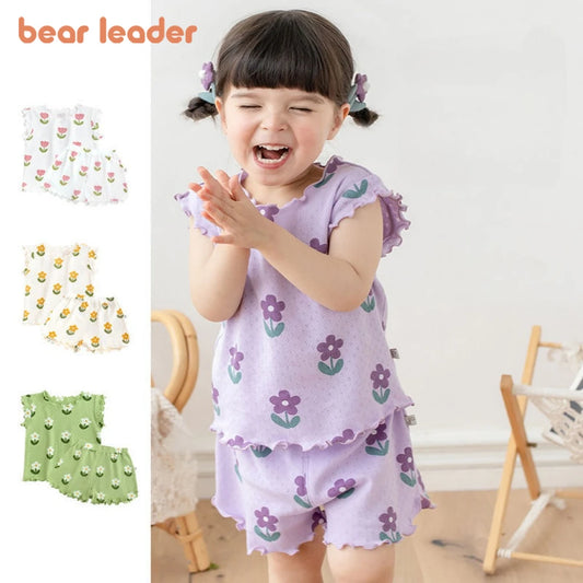 Bear Leader Summer New Pajama Baby Girl Clothes 3-7 Years Old Flower Printed Short Sleeved Top + Shorts Cute Children's Set - TiniLoom