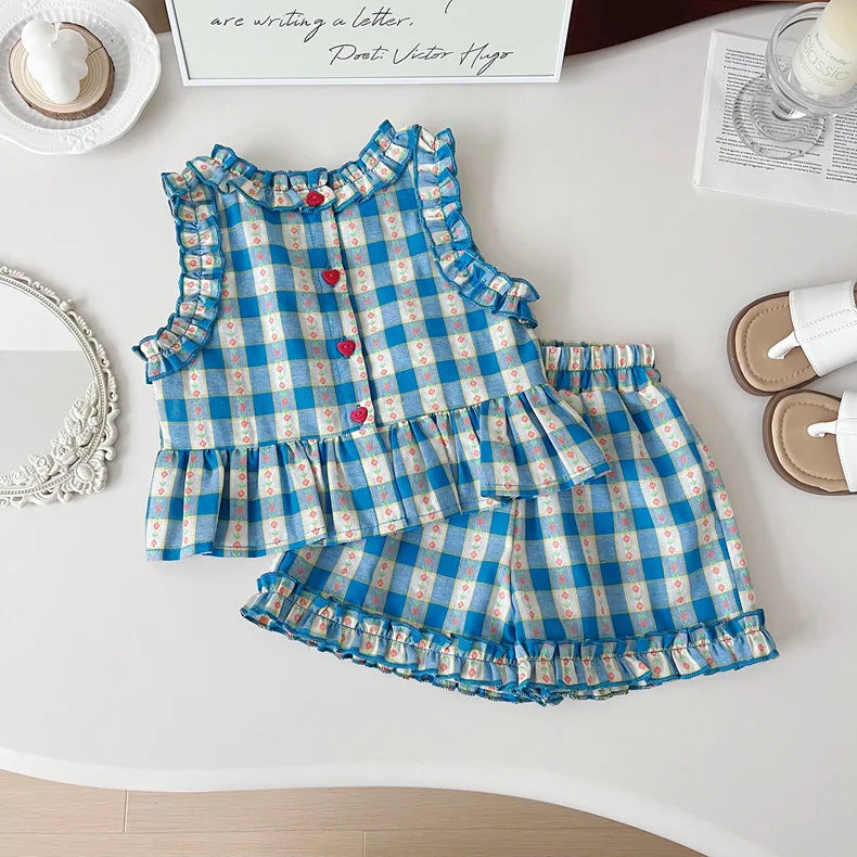 Children's Clothing Sets Blue Plaid Floral Print Sleeveless Top + Wide Leg Pants + Shorts 3 Pcs Sets Kids Clothes for Girls - TiniLoom