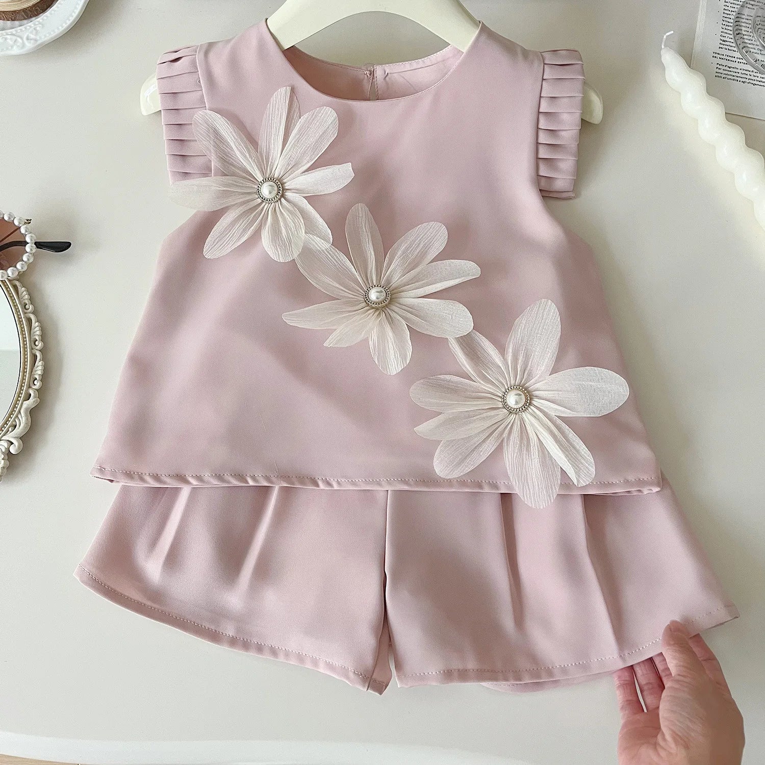Children's Suit For Girls Summer Cute Three Flowers Short Sleeve Tshirt + Shorts 2 PC Sets Casual Outfit Baby Kids Clothing ﻿ - TiniLoom