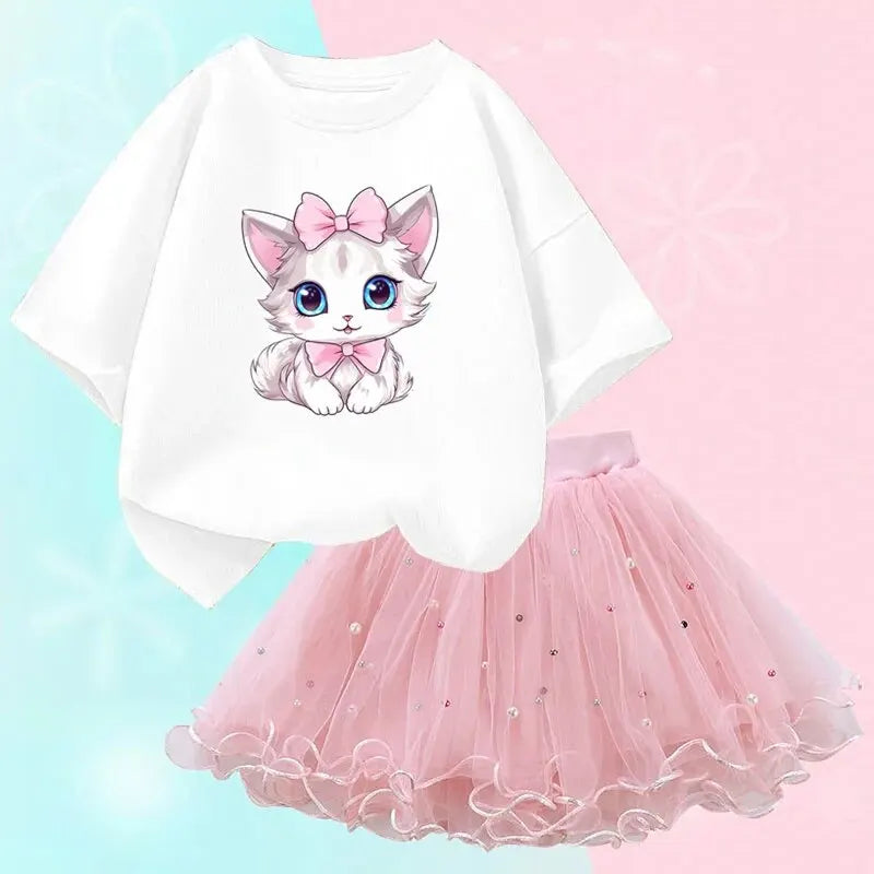 Cute Summer Girls Outfits Cartoon Cat T-shirt and Tutu Skirt 2pc/Set Girl Princess Clothes Suit Children Birthday Clothing - TiniLoom