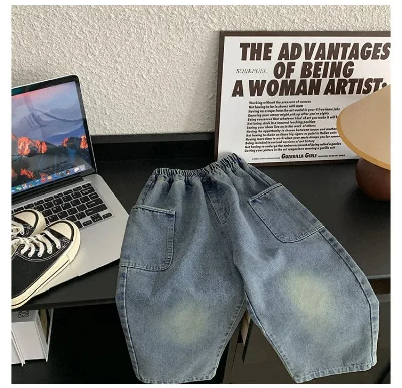 2025 Spring and Autumn New Kids pants Fashion solid color Children's straight jeans Boys loose casual denim Trousers - TiniLoom