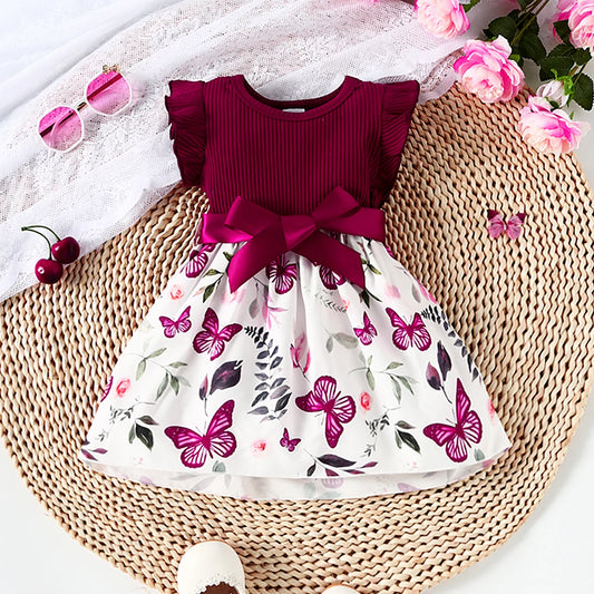 Baby Girl Butterfly and Plant Polka Dot Print Ruffle Sleeve Belt Dress + Ribbon - TiniLoom