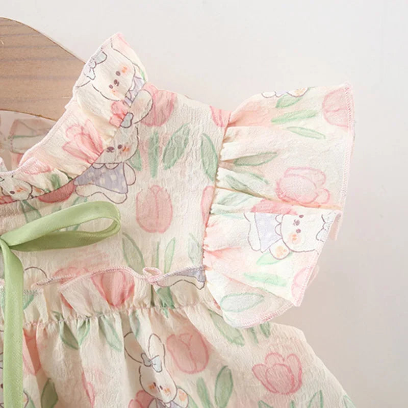 Summer Hardwear Girl Dress Tulip Cartoon Rabbit Print Small Flying Sleeves Flower Neck Bow Ribbon Tulip Flower Pattern - TiniLoom