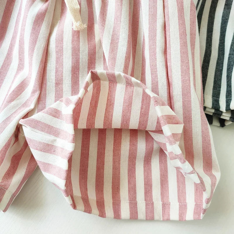 Vintage Linen Cotton Stripe Shorts for Boys Summer Toddler Kids Girls Half Pants Casual Children's Clothing - TiniLoom