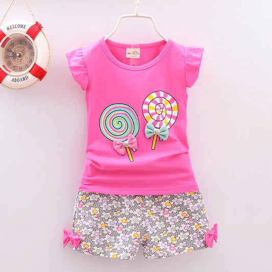 Baby Girls Clothes Sets for Kids T-shirt Tops+Short Pants Clothes Sets Toddler Girl Lollipop Printed Summer Infant Clothing Sets - TiniLoom