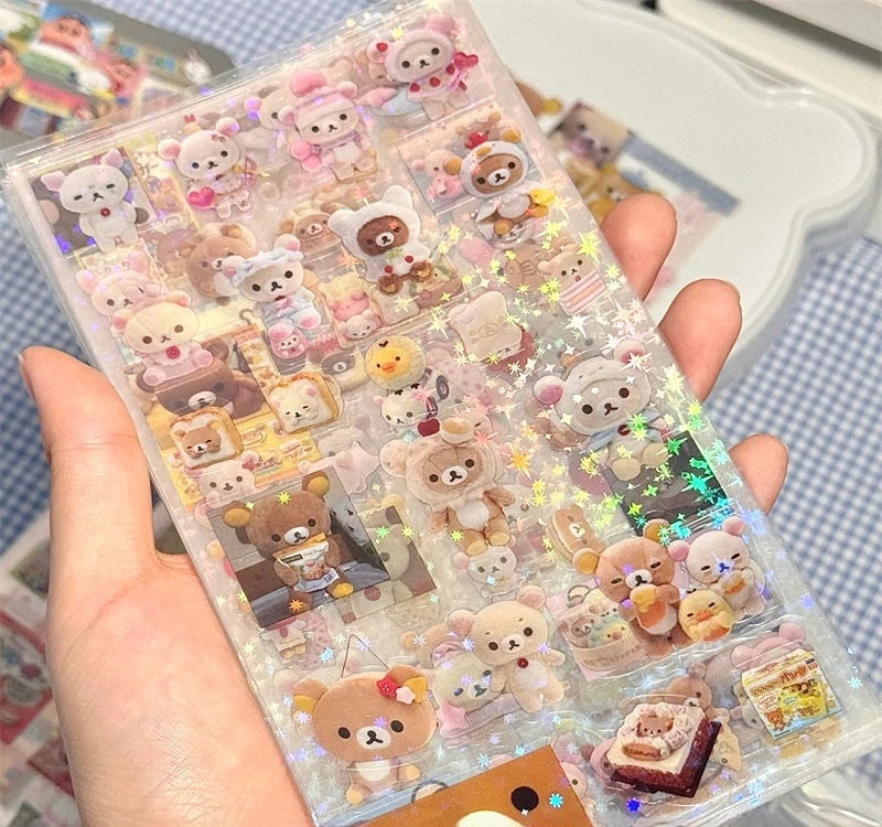 5pcs Kt Rilakkuma Cartoon Die-Cutting Sticker Kt Cat Diy Flashing Laser Stickers Anime Handbook Material Stickers Girl Kid Gift - TiniLoom