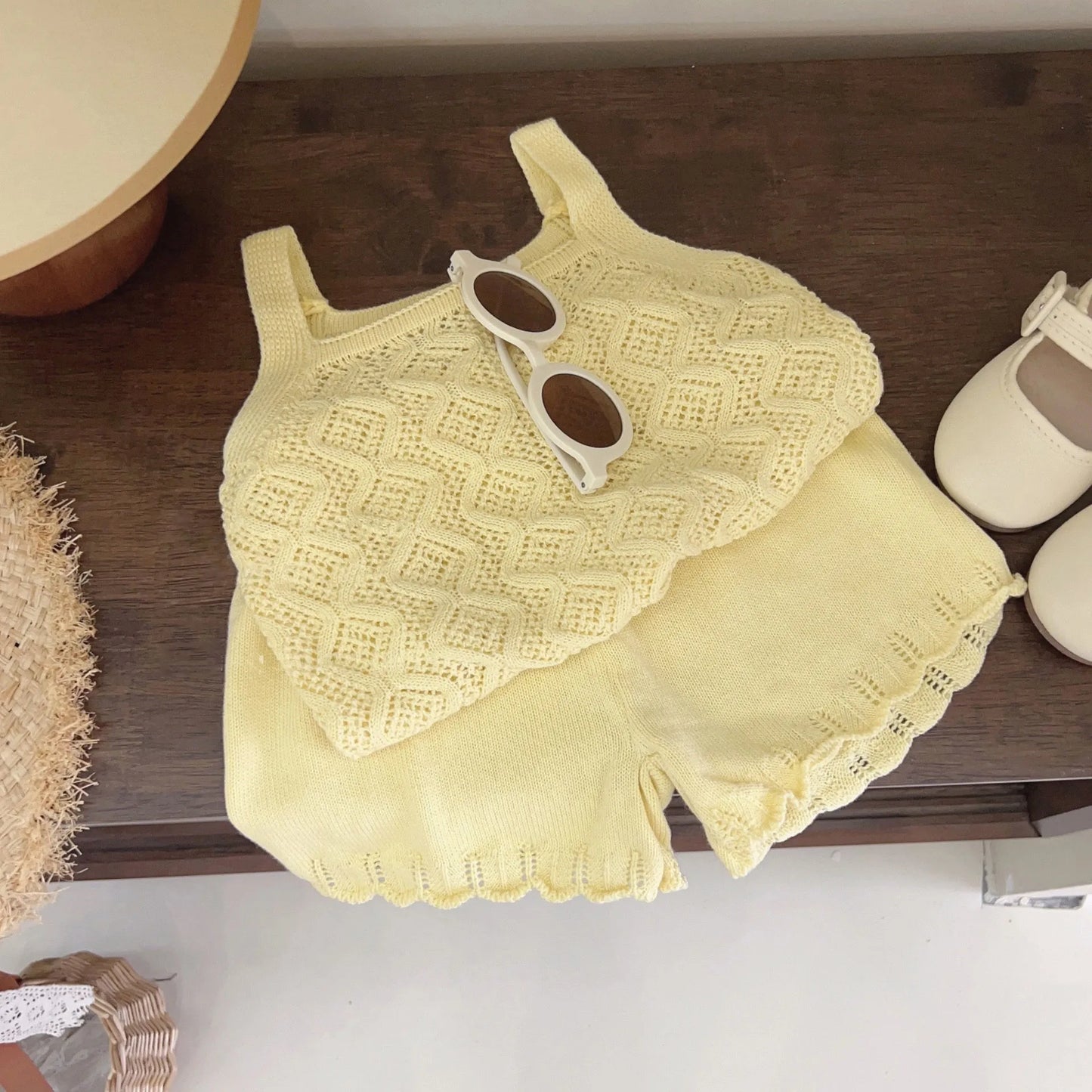Girl's Clothing Sets 2023 Summer Korean Thin Knitted Girl Set Children Hollow Breathable Vest + Wide Leg Pants Two-piece Suit - TiniLoom