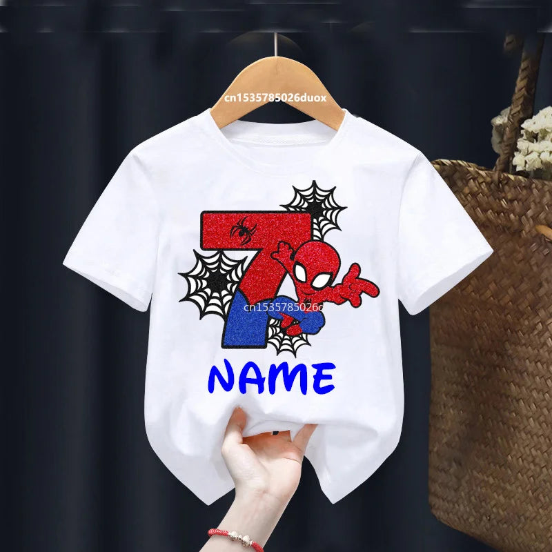 Kid 2 3 4 5 6 7 8 9 Years Birthday Marvel Spiderman Girl Shirt Children Super Hero Personalize Name Birthday Party Boys T-shirts - TiniLoom