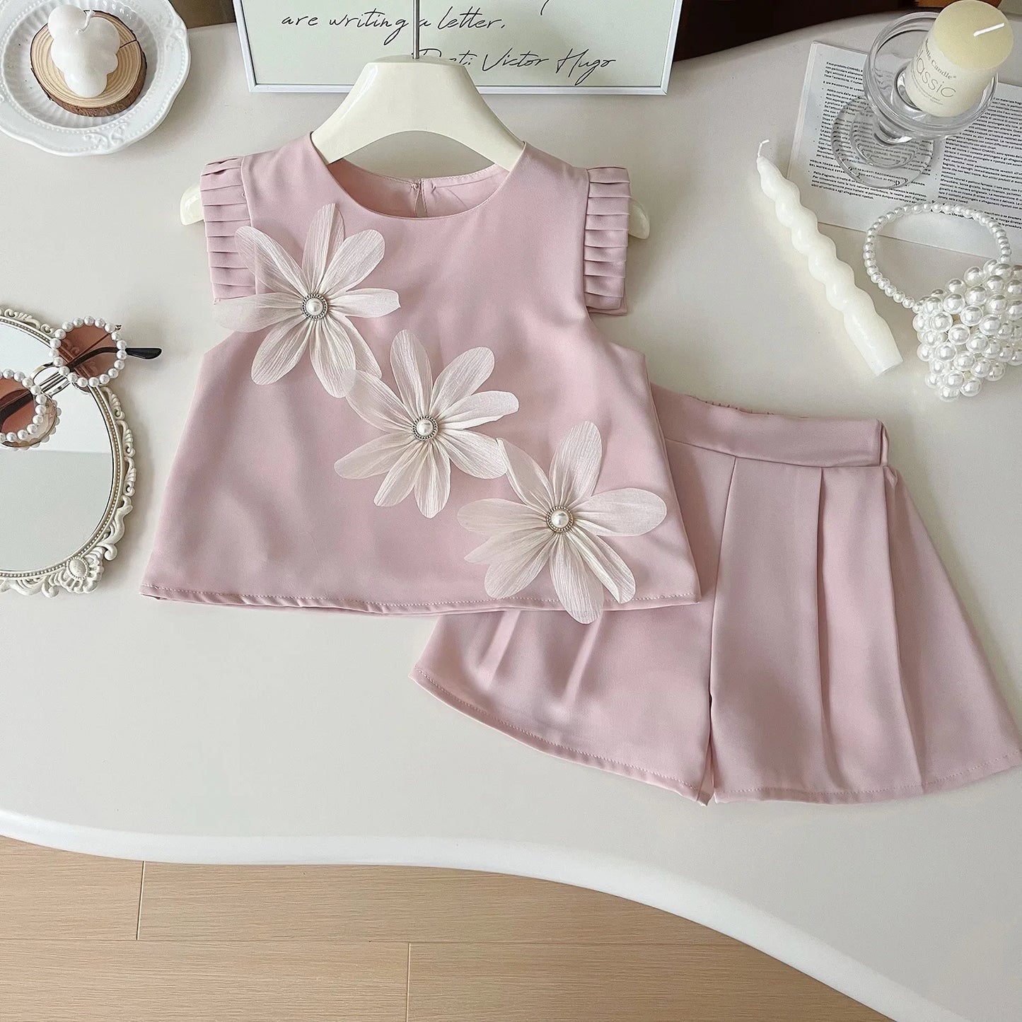Children's Suit For Girls Summer Cute Three Flowers Short Sleeve Tshirt + Shorts 2 PC Sets Casual Outfit Baby Kids Clothing ﻿ - TiniLoom