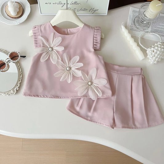 Children's Suit For Girls Summer Cute Three Flowers Short Sleeve Tshirt + Shorts 2 PC Sets Casual Outfit Baby Kids Clothing ﻿ - TiniLoom