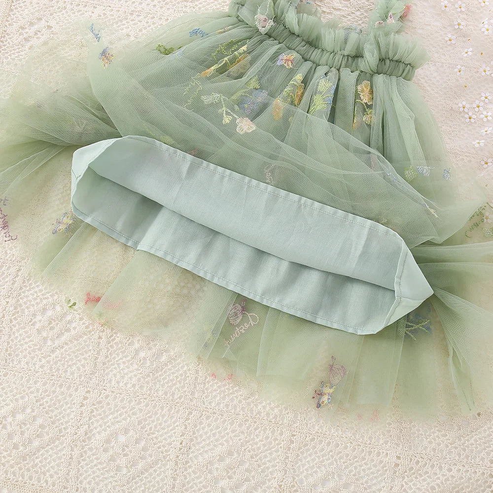 Cute Toddler Girls Mesh Suspenders Bow Dress Fuffy Tulle Tutu Princess Dress Summer Baby Girls Embroidery Flower Casual Wear - TiniLoom
