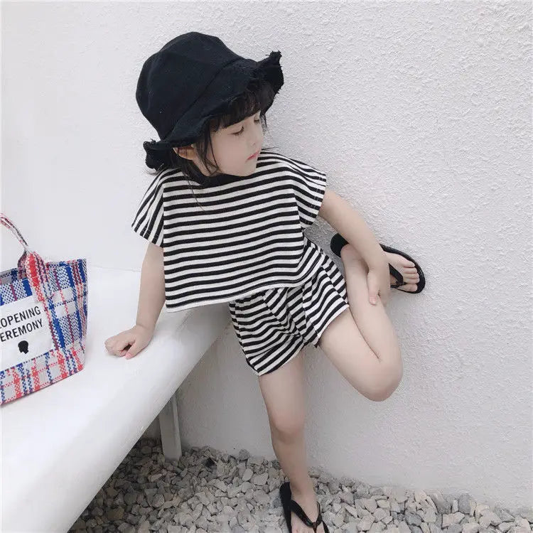 Girl's Clothing Sets 2023 Summer Korean Thin Knitted Girl Set Children Hollow Breathable Vest + Wide Leg Pants Two-piece Suit - TiniLoom