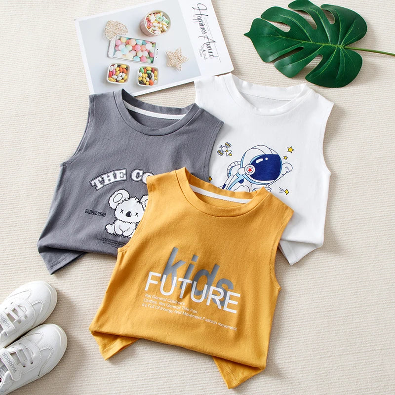 Children's Summer T-shirts Boys Girls Vests Sleeveless Cartoon Tee Tops 100% Cotton Comfortable Kids T-shirt Clothes Fashion New - TiniLoom