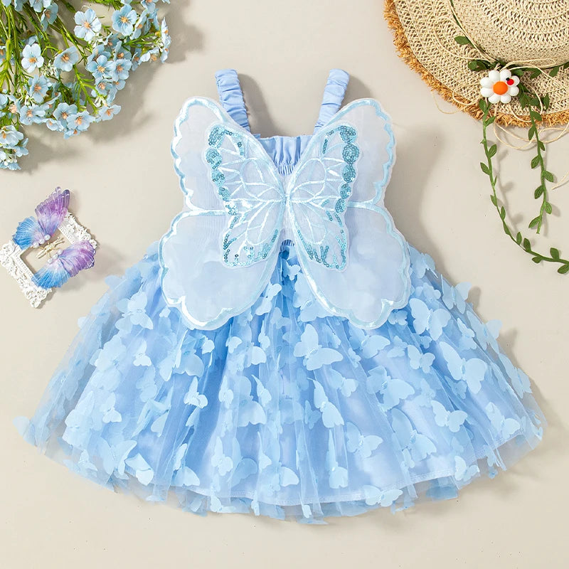 Baby Girl Dress Summer Butterfly Mesh Suspender Girl Dress Cute Back Wings Girl Wedding Flower Girl Dress - TiniLoom