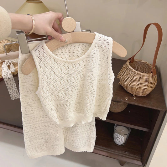 Girl's Clothing Sets 2023 Summer Korean Thin Knitted Girl Set Children Hollow Breathable Vest + Wide Leg Pants Two-piece Suit - TiniLoom