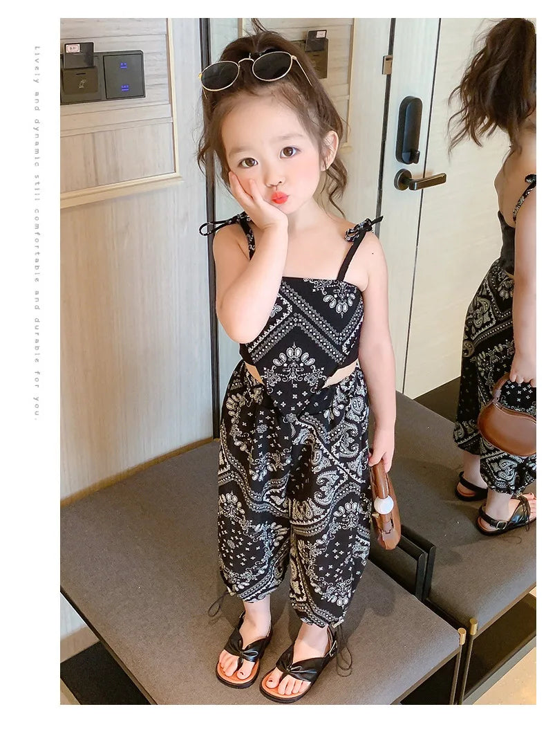 3-6Years Summer Suit Thin Girls Suit Suspender Mosquito-proof Pants Two Pieces of Cute Girl Children's Clothes - TiniLoom