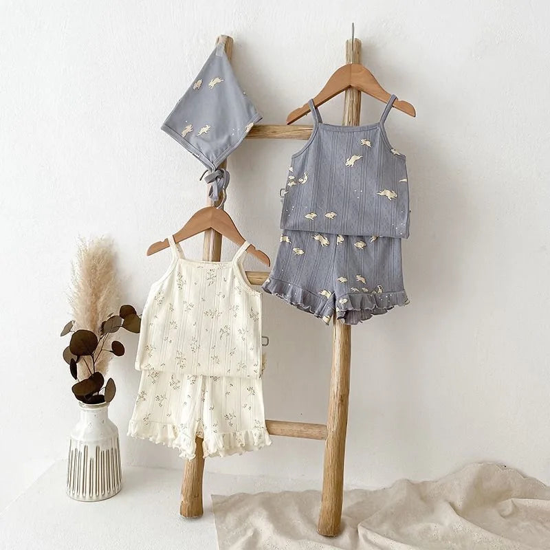 Fashion Baby Girl Cotton Floral Print Clothes Set Strap Vest+Shorts 2PCS Infant Toddler Child Summer Homesuit Baby Clothes 1-10Y