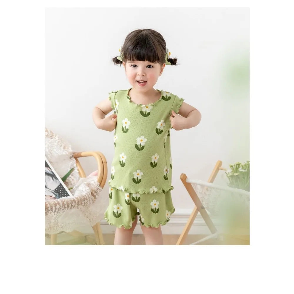 Bear Leader Summer New Pajama Baby Girl Clothes 3-7 Years Old Flower Printed Short Sleeved Top + Shorts Cute Children's Set - TiniLoom