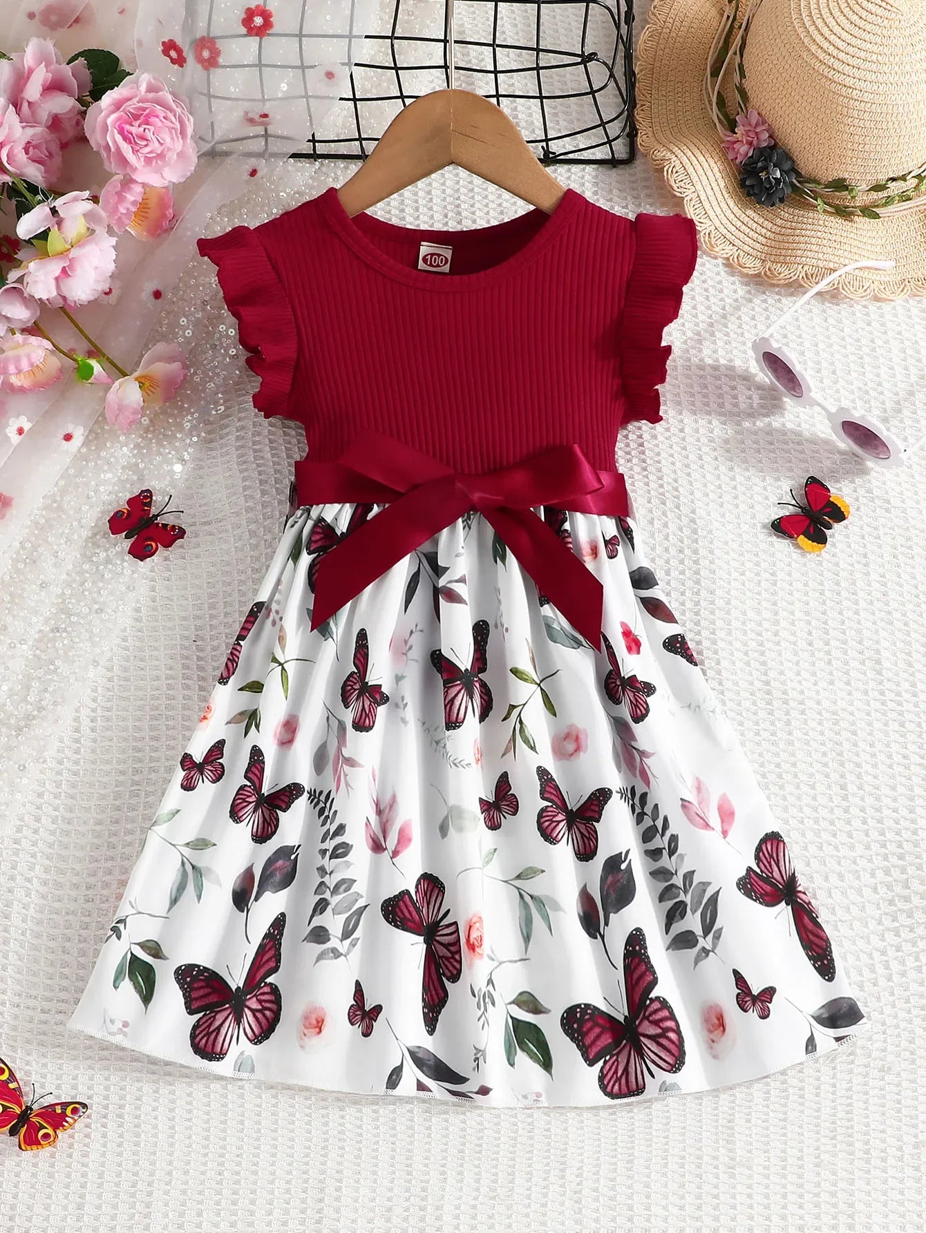 Set For Kids  Girl 3-7 Years old Ruffled Sleeve Butterfly Floral Tulle Cute Princess Formal Dresses with Belt Ootd For Baby Girl - TiniLoom