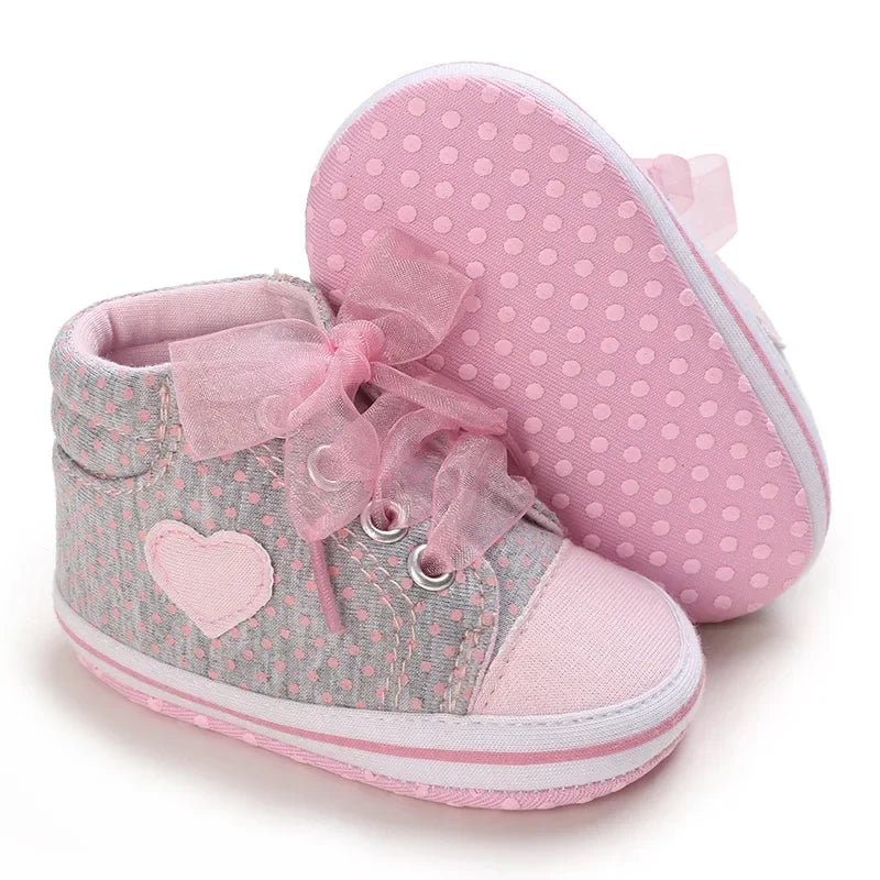 Best-selling Newborn Baby Infant Wearable Toddler Girls Canvas Shoes Heart Bow Tie Baby Lace Casual Shoes Anti-slip Soft Cotton - TiniLoom