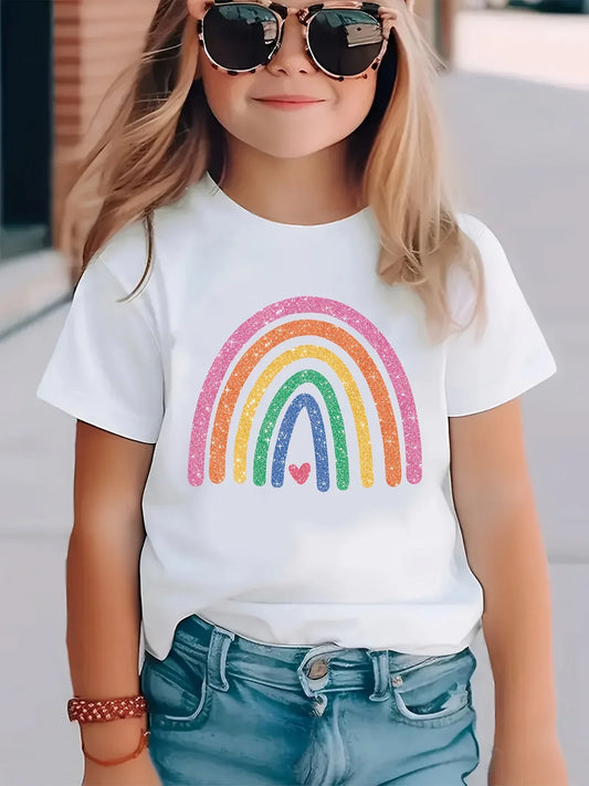 Summer Baby Girl White Clothes Kid Girls Casual Rainbow Printed T-shirts Children Fashion Crew Neck Short Sleeve Top - TiniLoom